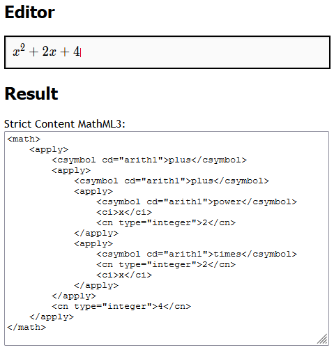 Screenshot of the Strict Content MathML Editor